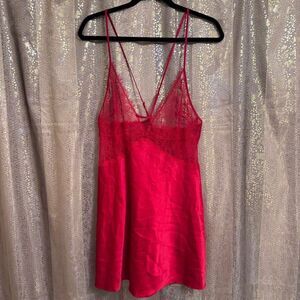 Victorias Secret Lipstick Red Lace Plunge Babydoll Slip Chemise Flawed XL